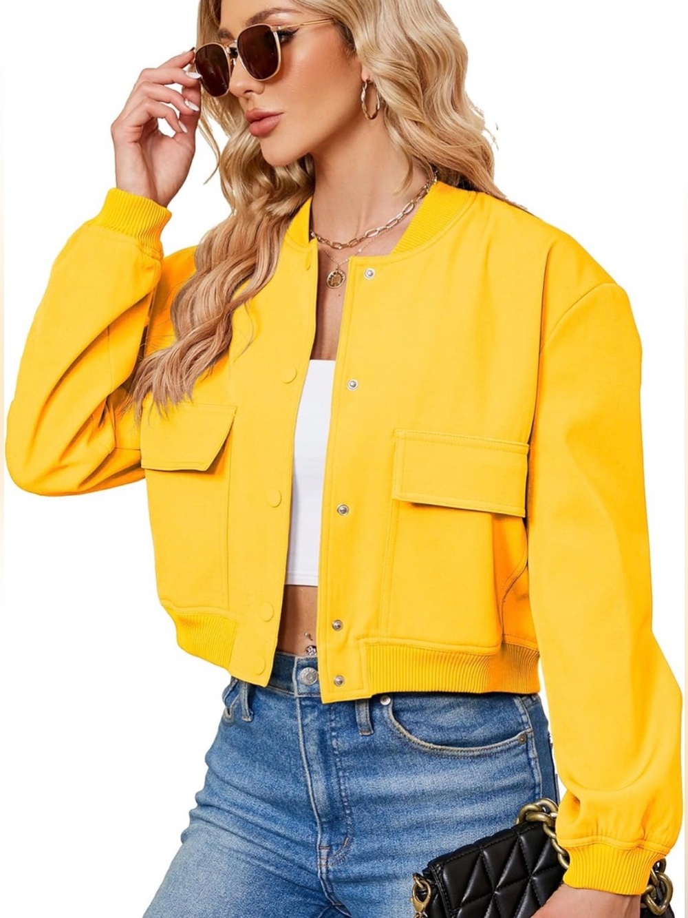 Zando Cropped Yellow Women's Bomber Jacket Trendy Oversized Medium